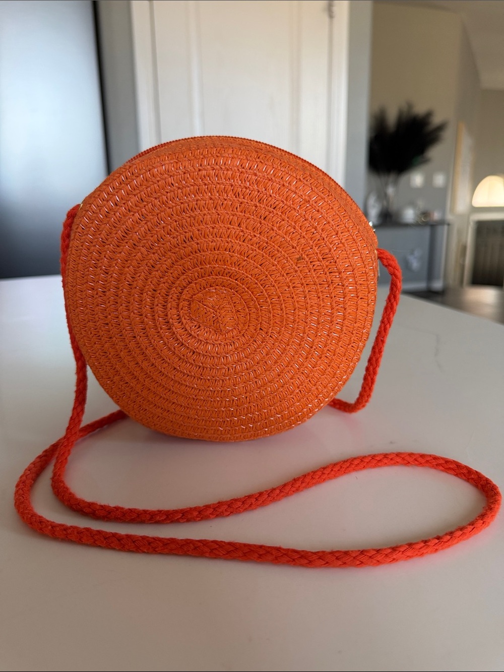 Round Orange Straw Crossbody Bag with Braided Strap